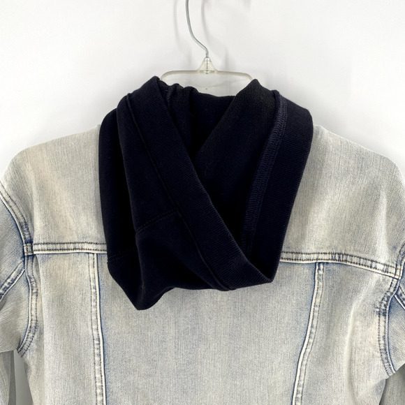 Athleta Double Time Denim Jacket Hooded Vest Combo Womens Sz S Acid Wash/Black - Picture 4 of 16